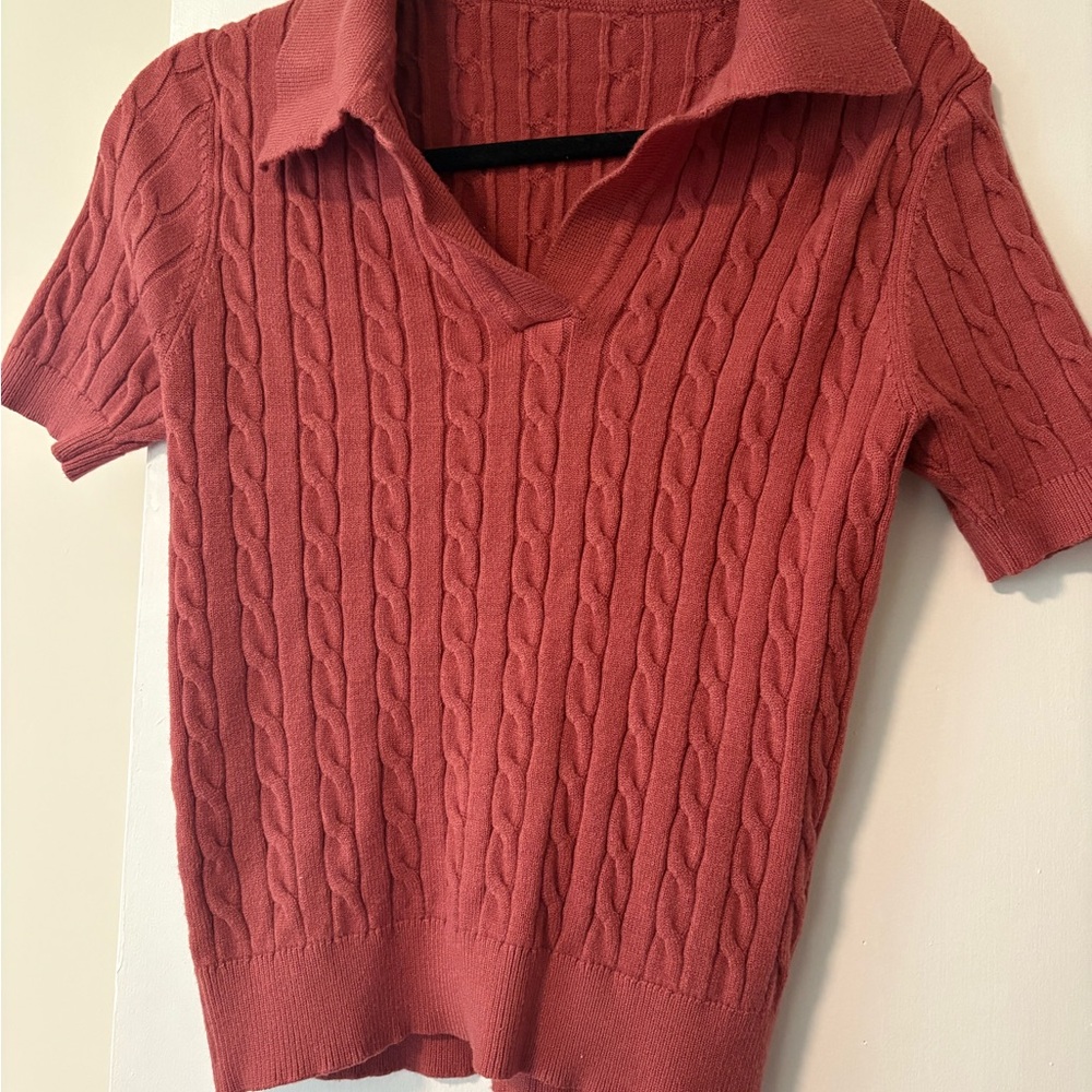 Pink Cable Knit Short Sleeve Sweater